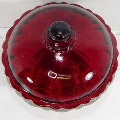 231 Lot of 4 of Ruby Red Anchor Hocking - 3 Vases and Lidded Candy Dish Ruby Red Lid Clear Bottom 4-7 inches
