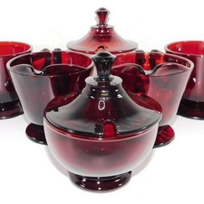 232 Lot of 8 including Lids - Ruby Red Anchor Hocking Cream and Sugar Lot 4-5 inches