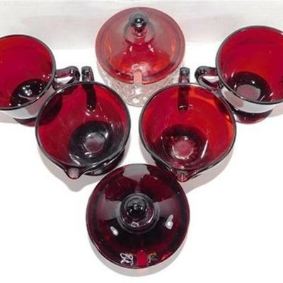 232 Lot of 8 including Lids - Ruby Red Anchor Hocking Cream and Sugar Lot 4-5 inches