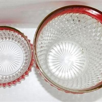 239 Lot of 4 -Vintage Indiana Glass Diamond Point Ruby Glass - Ice Bucket 5 1/2 x 5 1/2 - Small Bowl 5 in - Clear Atlas Style Glass Round...