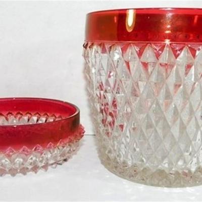 239 Lot of 4 -Vintage Indiana Glass Diamond Point Ruby Glass - Ice Bucket 5 1/2 x 5 1/2 - Small Bowl 5 in - Clear Atlas Style Glass Round...