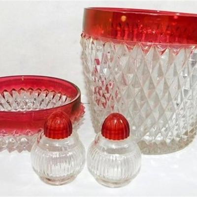 239 Lot of 4 -Vintage Indiana Glass Diamond Point Ruby Glass - Ice Bucket 5 1/2 x 5 1/2 - Small Bowl 5 in - Clear Atlas Style Glass Round...