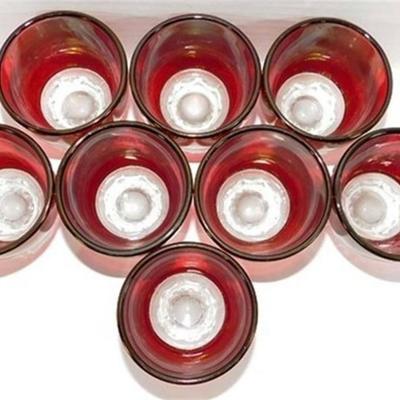 241 Lot of 8 Small Ruby Red Flash Footed Glasses With Golden Hue 2 1/2 x 2 1/2