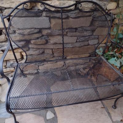 Vintage Wrought Metal Frame Bench with Mesh Seat and Back