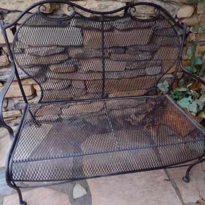 Vintage Wrought Metal Frame Bench with Mesh Seat and Back
