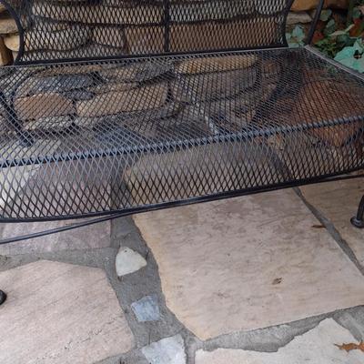 Vintage Wrought Metal Frame Bench with Mesh Seat and Back