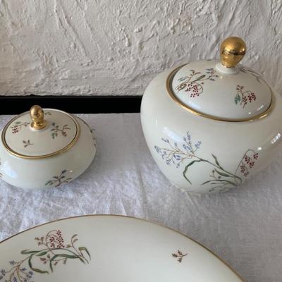 Vintage Eschenbach Bavaria Germany Flowers Floral Gold Rim large plate, 2 jars with lids