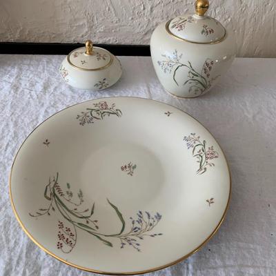 Vintage Eschenbach Bavaria Germany Flowers Floral Gold Rim large plate, 2 jars with lids