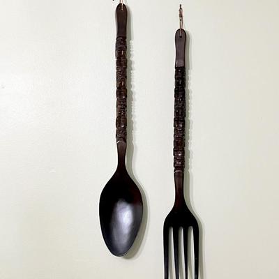 Vtg. Solid Wood Tiki Carved 36.5â€ Fork & Spoon