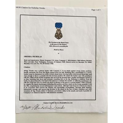 WWII Nicholas Oresko Signed Medal Of Honor Citation