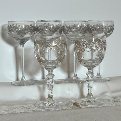 Lot of 6 Vintage Metal Overlay Champagne Wine Stemware