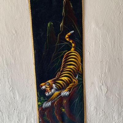 Vintage Painting on Black Velvet Hanging Scroll Yellow Tiger Hanging Scroll