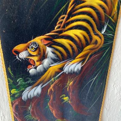 Vintage Painting on Black Velvet Hanging Scroll Yellow Tiger Hanging Scroll