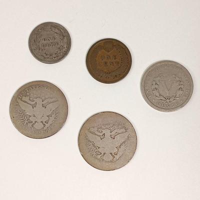 LOT 1: Set of 2 Barber Quarter Dollars w/ 1986 Indian Head Penny, Barber Dime & US Mint Liberty Head 5 Cent Piece