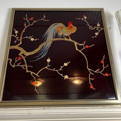 U860 Oriental Painting on Glass Rooster and Cherry Blossoms