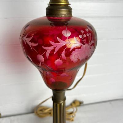 U864 Pair of Etched Ruby Red & Brass Table Lamps