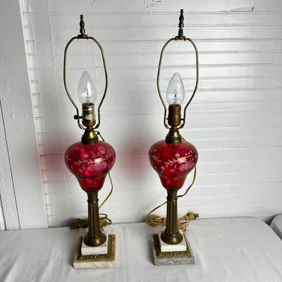 U864 Pair of Etched Ruby Red & Brass Table Lamps