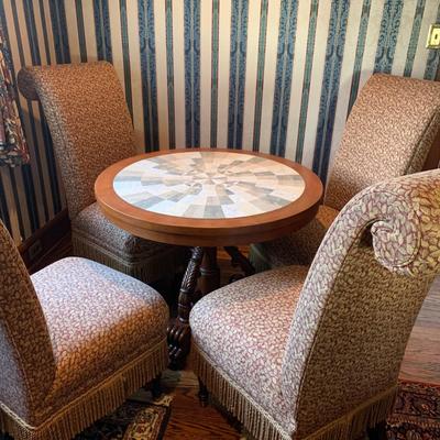 LOT 1: Lillian August Collection Upholstered Chairs & Round Pedestal Table w/Faux Inlaid Feature