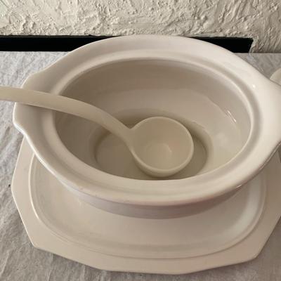 Antique Large White Ironstone soup tureen with ladle and platter