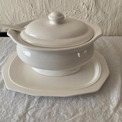 Antique Large White Ironstone soup tureen with ladle and platter