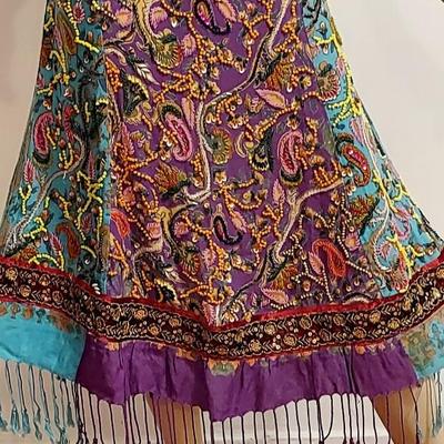 Vtg 60s Hand Painted Beaded Sequined Gold Embroidery Fringed Skirt