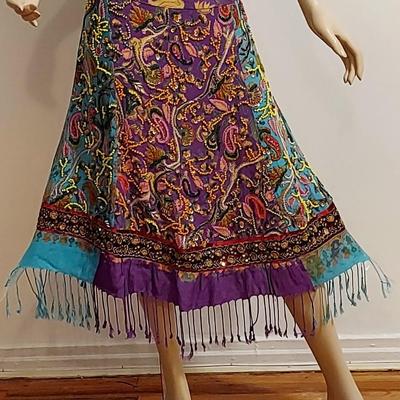 Vtg 60s Hand Painted Beaded Sequined Gold Embroidery Fringed Skirt