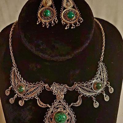 Antique/Vtg Sterling Silver JerusalymNecklace & Earrings set/ Eilat Green stones.