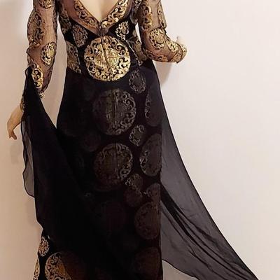 Vtg Couture Michael Casey 80s Chiffon/Gold Metallic maxi dress