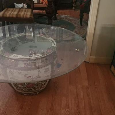 Porcelain Vietnamese bowl with glass top table