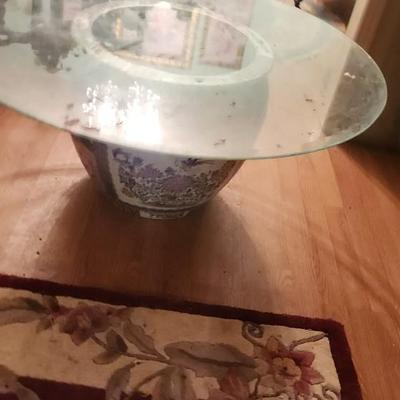 Porcelain Vietnamese bowl with glass top table