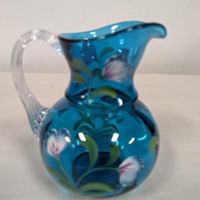 Hand Painted Fenton Presidents 1905-2005 Limited Hand Painted Blue Glass Pitcher #253/1500 With Box