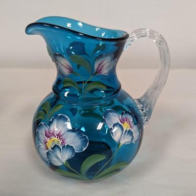 Hand Painted Fenton Presidents 1905-2005 Limited Hand Painted Blue Glass Pitcher #253/1500 With Box