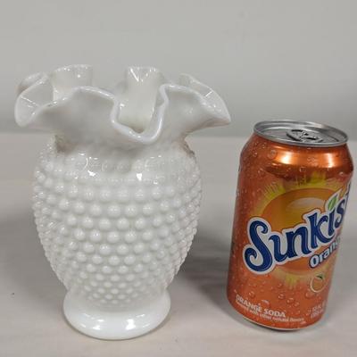 Vintage Fenton White Hobnail Milk Glass Crimped Vase