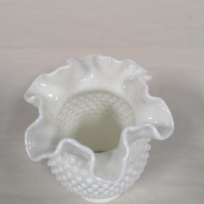 Vintage Fenton White Hobnail Milk Glass Crimped Vase