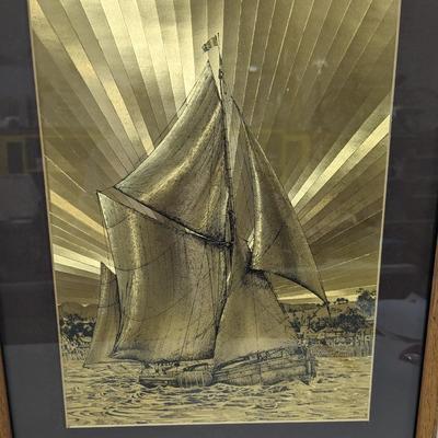 Framed Gold Sail Ship 21 1/4