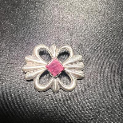 Heavy Sterling Bow Brooch with Ruby