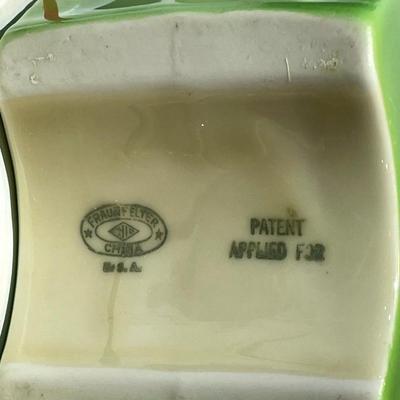 Vintage Art Deco Fraunfelter Ohio Pewter Green Slide Cover Porcelain Tea Pot in VG Preowned Condition.
