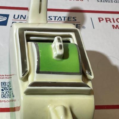 Vintage Art Deco Fraunfelter Ohio Pewter Green Slide Cover Porcelain Tea Pot in VG Preowned Condition.