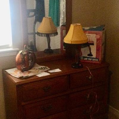 Leg lamp, dresser with mirror