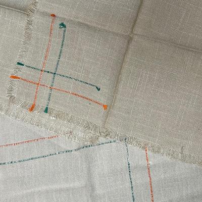 VIntage Linen Off-white square tablecloth and 4 napkins peach and green stitched line design