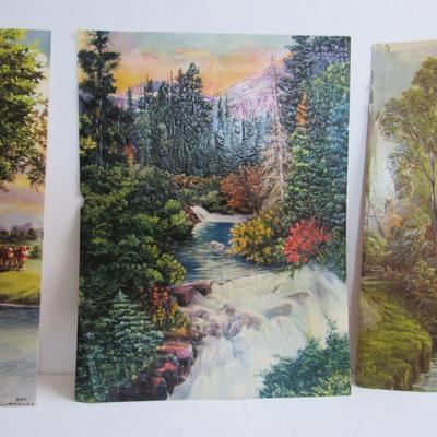 3 Old Embossed Colorful Scenic Prints