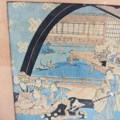 Antique Japanese Framed Block Print Artwork 12 1/4