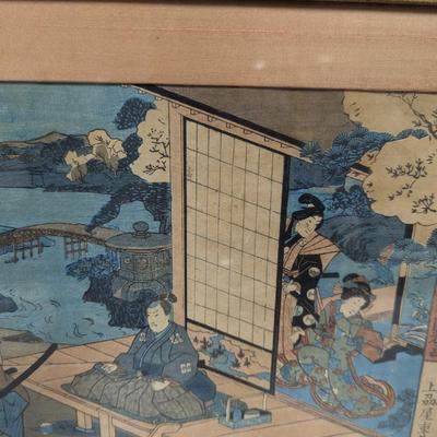 Antique Japanese Framed Block Print Artwork 12 1/4