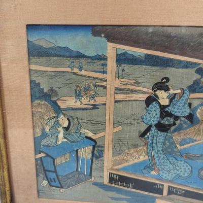 Antique Japanese Framed Block Print Artwork 12 1/4" x 17 1/4"
