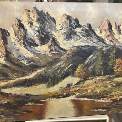 Early "Mortier" Signed Oil/Acrylic on Canvas Mountain Scene/Landscape Painting Frame Size 23.5" x 48" Preowned from...