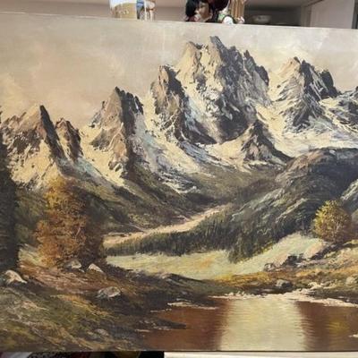 Early "Mortier" Signed Oil/Acrylic on Canvas Mountain Scene/Landscape Painting Frame Size 23.5" x 48" Preowned from...