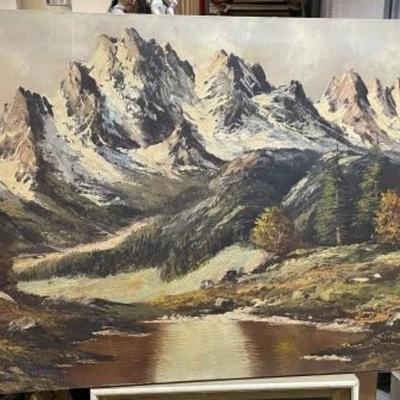 Early "Mortier" Signed Oil/Acrylic on Canvas Mountain Scene/Landscape Painting Frame Size 23.5" x 48" Preowned from...