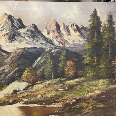 Early "Mortier" Signed Oil/Acrylic on Canvas Mountain Scene/Landscape Painting Frame Size 23.5" x 48" Preowned from...