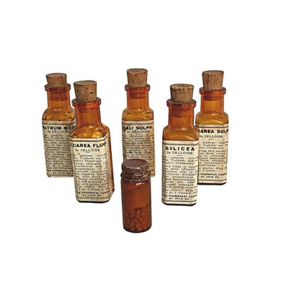 6 Antique Amber Medicine Bottles w/ Corks & Medicine Still Inside