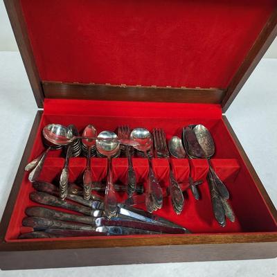 Assortment of Community Flatware in Wooden Storage Box 50+ Pieces